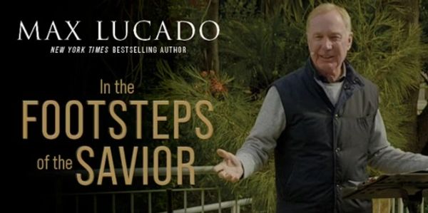 Max Lucado promoting his book 'In the Footsteps of the Savior' outdoors.