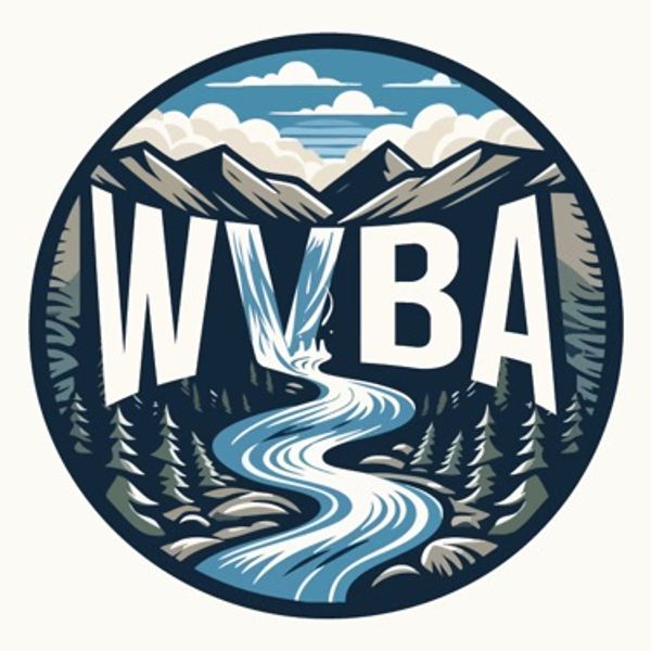Circular logo with mountains, waterfall, forest, and letters WVBA.