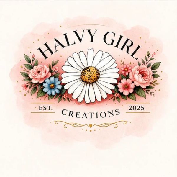 Floral logo featuring daisies and roses with the text 'Halvy Girl Creations Est. 2025'.