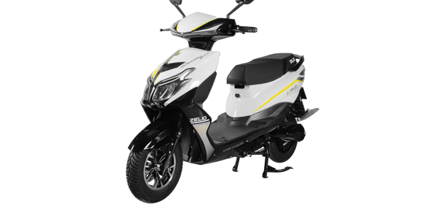 White and black electric scooter with yellow accents.