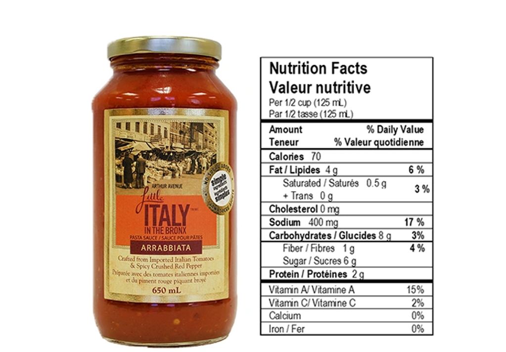 Little Italy in the bronx arrabiata pasta sauce with nutrition facts