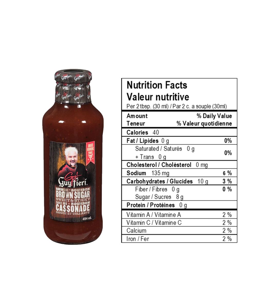 Guy Fieri Sweet & Sticky Bourbon Brown Sugar BBQ Sauce with nutrition facts