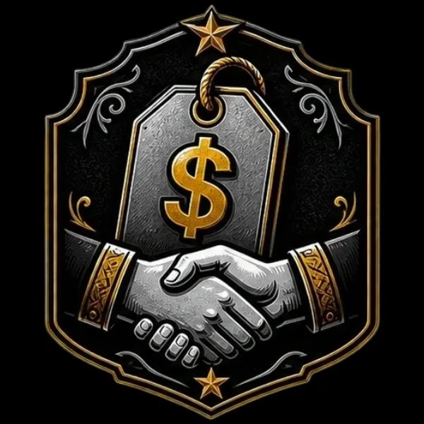 Handshake with a dollar sign tag in a decorative emblem.