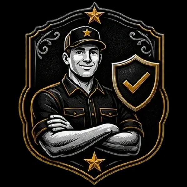 Confident man with shield and checkmark emblem.