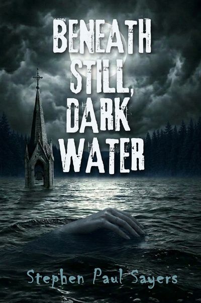A dark, eerie water scene with a submerged church steeple and a hand reaching out.