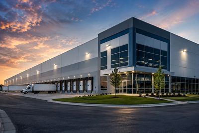 Modern warehouse building with loading docks at sunset.