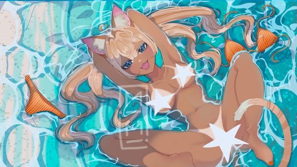 Anime-style cat girl relaxing in a pool with scattered bikini pieces.