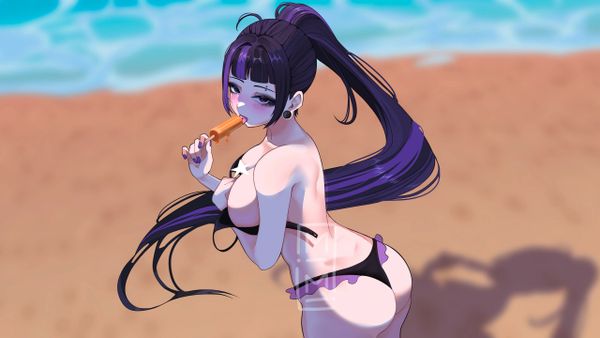 Anime girl with long purple hair eating a popsicle on the beach.