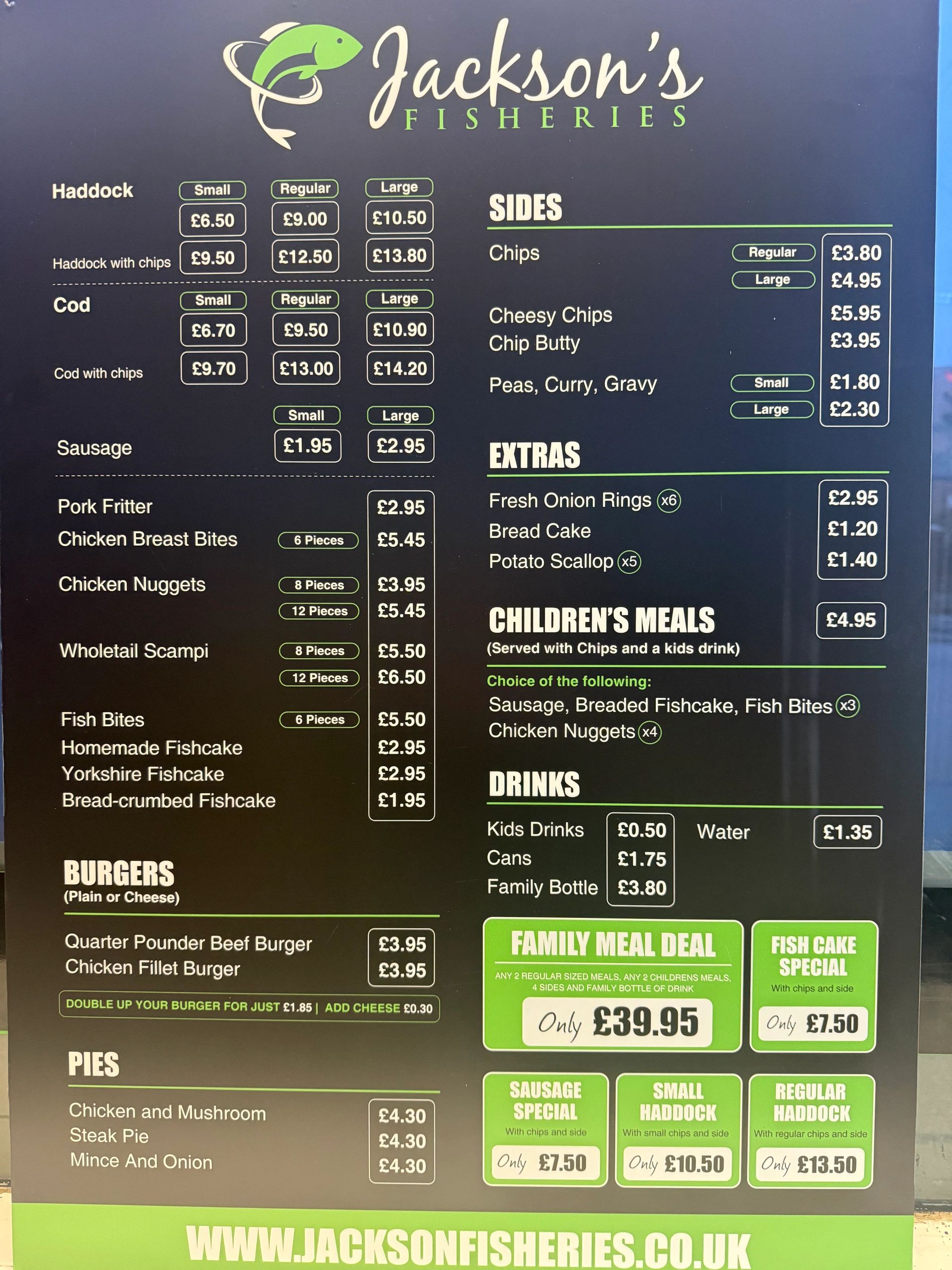 Fish and chips menu with haddock, cod, burgers, pies, and extras.