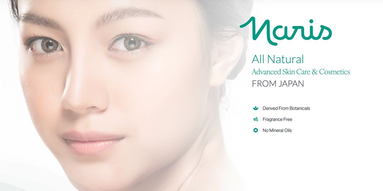 Close-up of a woman's face promoting Naris all-natural skincare from Japan.