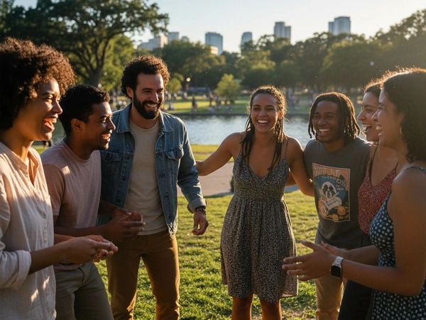 A diverse group of friends laughing and enjoying time together outdoors in a park.