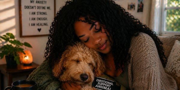 Woman hugging her emotional support dog in a cozy room.