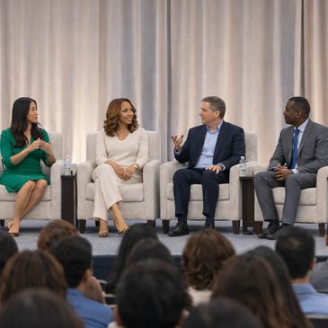 Panel discussion with four professionals engaging an audience.