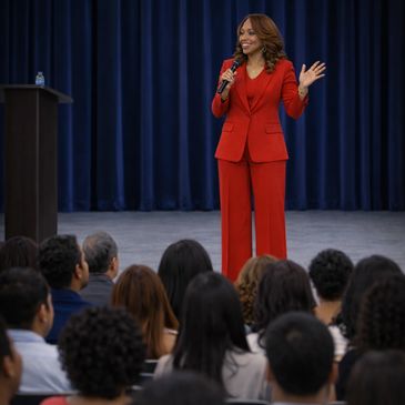 A woman in a red suit speaking to an audience with a microphone.