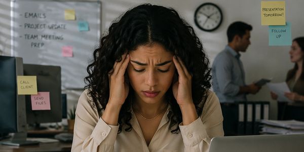 Stressed woman holding her head in an office with coworkers in the background.