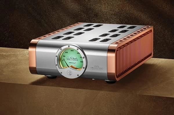 High-end amplifier with a sleek metallic design and analog meter.