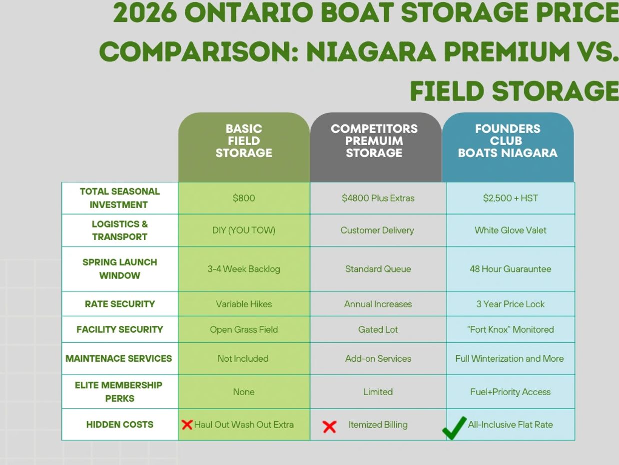 Comparison of 2026 Ontario boat storage prices between Basic Field Storage, Competitors Premium Storage, and Founders Club Boats Niagara.