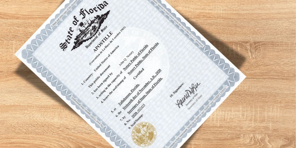 An officialFlorida apostille showing  seals, and signatures used to verify documents.