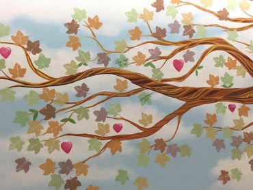 Portion of painted tree mural branches with fall colored leaves stenciled. Hospital wall.