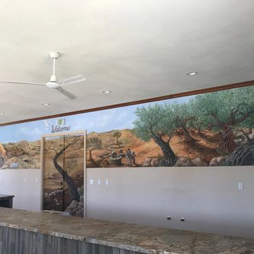 Large painted wall mural of Olive trees and Mar Saba of Palestine by Jill Roberts Wine country Temeca
