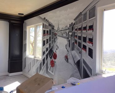 Paris mural black, white, red painted in Theatre room, media room. Temecula, CA. DeLuz. Jill Roberts
