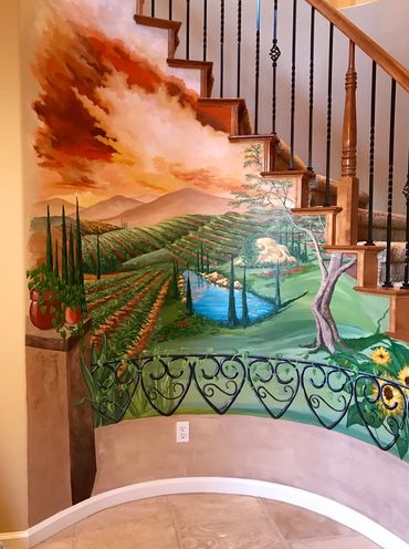 Semi-circle mural painted on staircase base. French Valley, Murrieta, CA by Jill Roberts