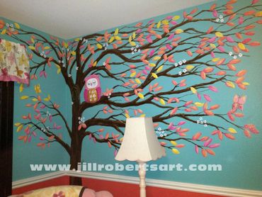 Baby nursery wall mural. teal wall, tree with pink owl, leaves, yellow leaves Temecula CA