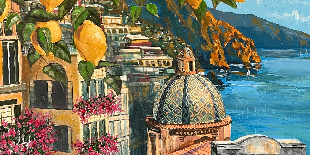 Painting by Jill Roberts of Portofino, the Amalfi Coast in Italy. acrylic on canvas