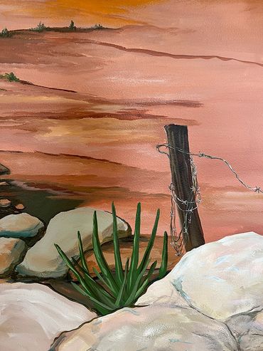detail of barbed wire on post, rocks, wall mural painted by Jill Roberts in Fallbrook, CA. 