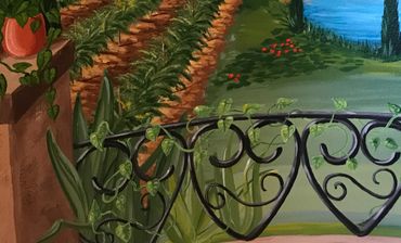 Semi-circle mural painted on staircase base. French Valley, Murrieta, CA by Jill Roberts