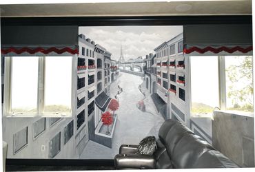 Paris-theme mural black, white, red painted in Theatre room, Temecula CA DeLuz. by Jill Roberts
