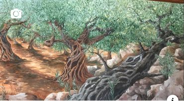Large detailed painted wall mural of ancient olive trees and rocks by artist Jill Roberts Temecula