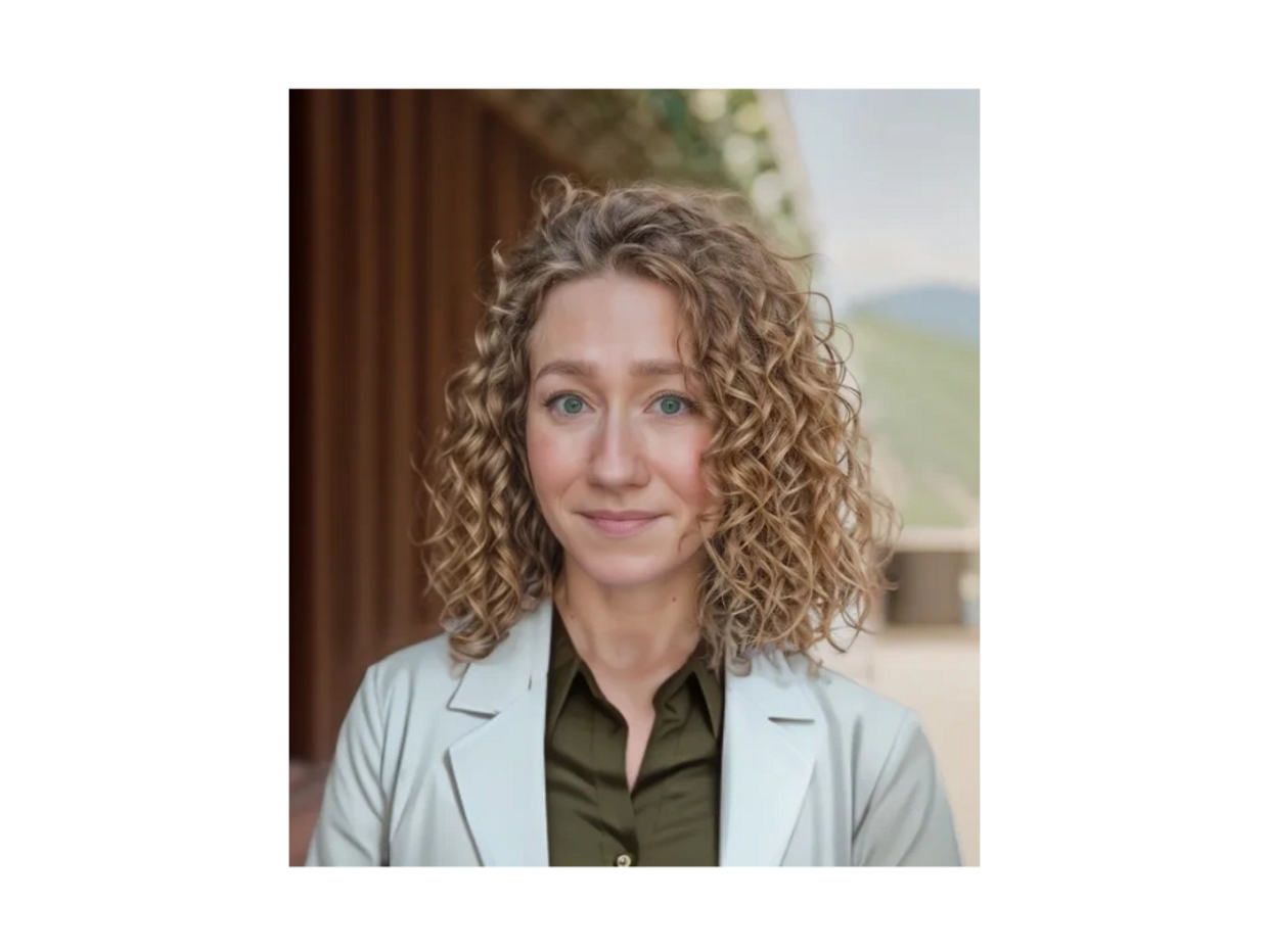Caucasian female doctor curly hair green shirt white coat 
