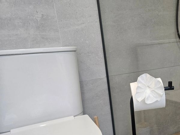 Modern bathroom with white toilet and wooden shower floor.