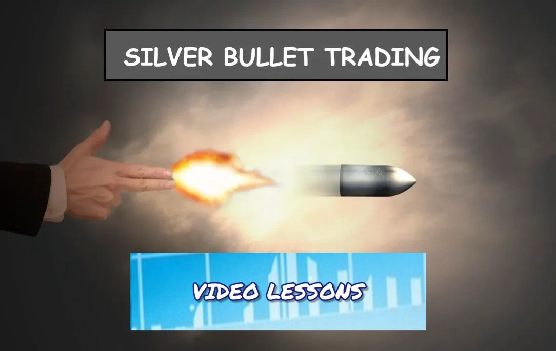 A hand firing a silver bullet with text 'Silver Bullet Trading' and 'Video Lessons'.