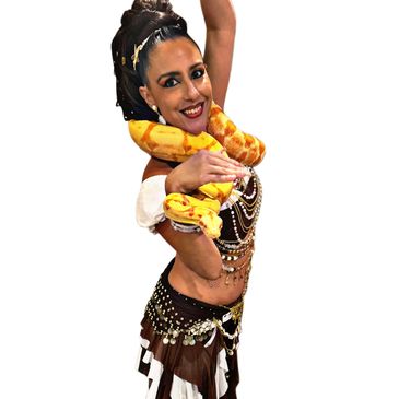 Woman dancing with a yellow snake wrapped around her.