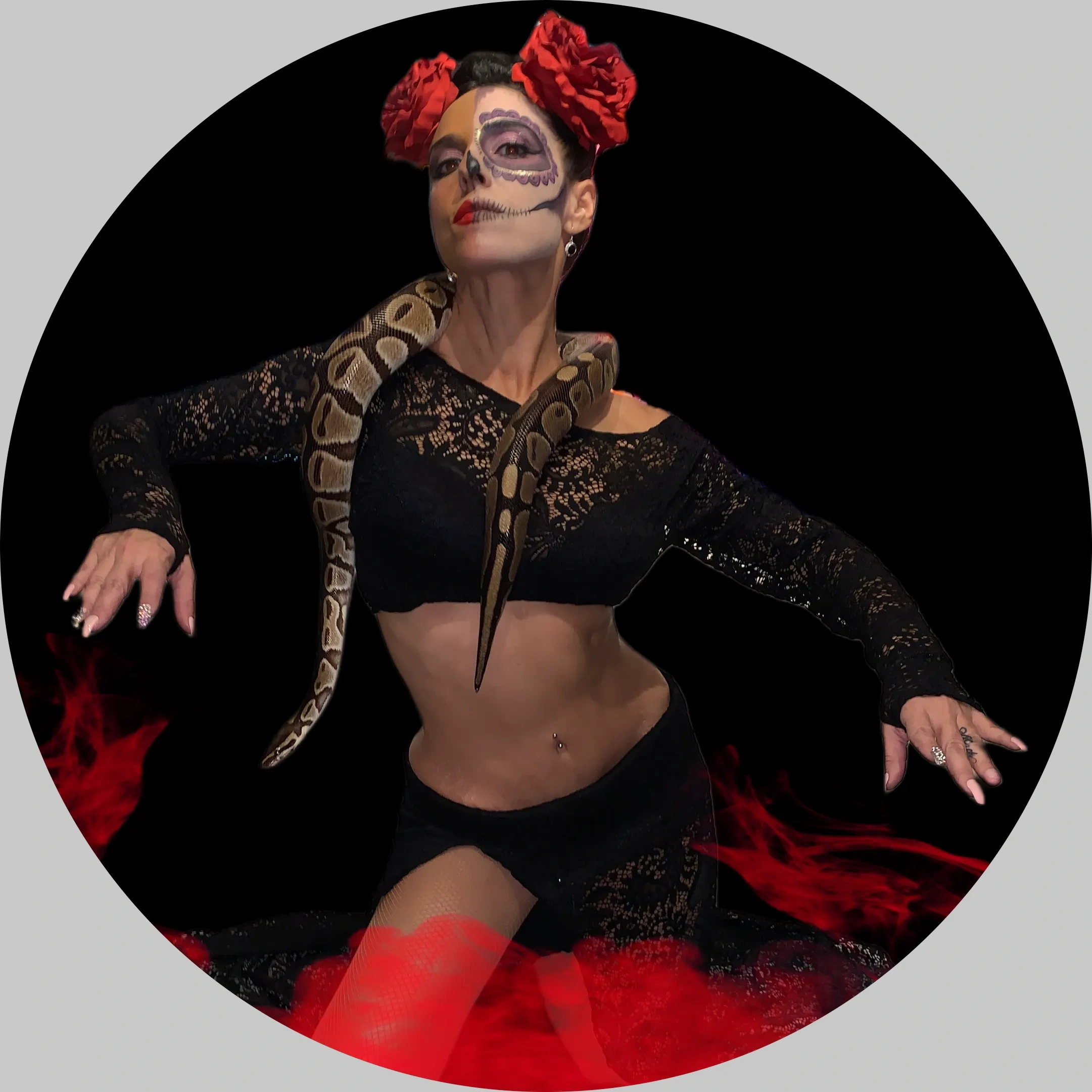 South Florida Bellydancer with snake wrapped around her neck in Halloween costume.