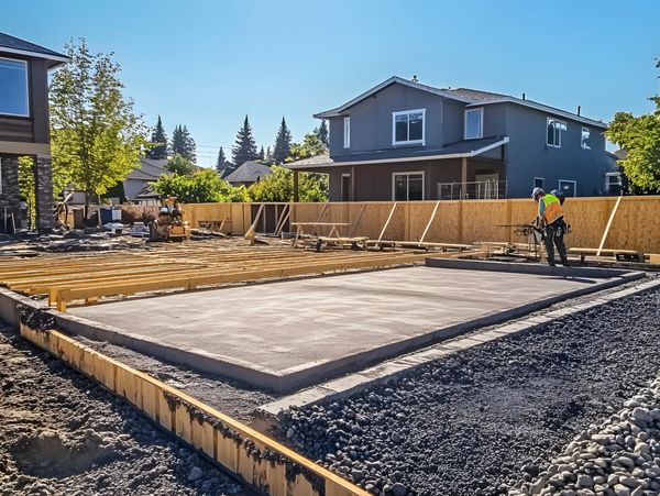 Construction site with a freshly poured concrete slab for a foundation in a residential area.