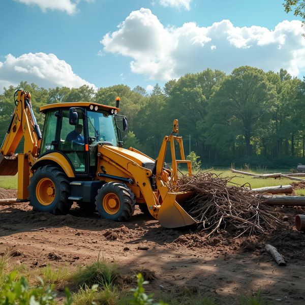 Excavator clearing brush, rubble, and dirt from the land.