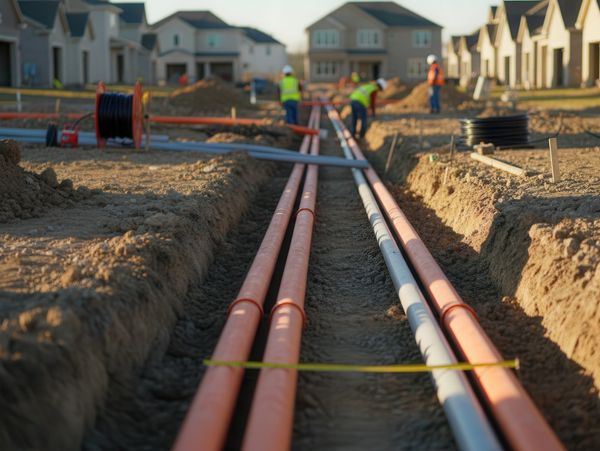 Water lines being installed in a residential area.