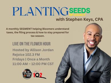 Promotional flyer for tax segment with Stephen Keys on Rejoice 102.3 FM.