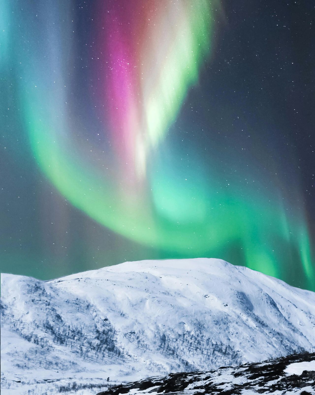 Colorful Northern Lights in Tromsø, Norway, illuminating a snow-covered mountain landscape under a starry night sky. Vivid green, pink, and purple auroras swirl across the horizon, creating a breathtaking natural display against the cold, wintry terrain. Perfect for capturing the beauty of the Arctic Circle and popular for winter tourism and aurora photography.
