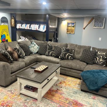 Game room with queen size custom bunk beds, large TV, electric fireplace, Pool Table/Ping Pong