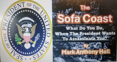 Seal of the President of the United States and book cover of 'The Sofa Coast'.