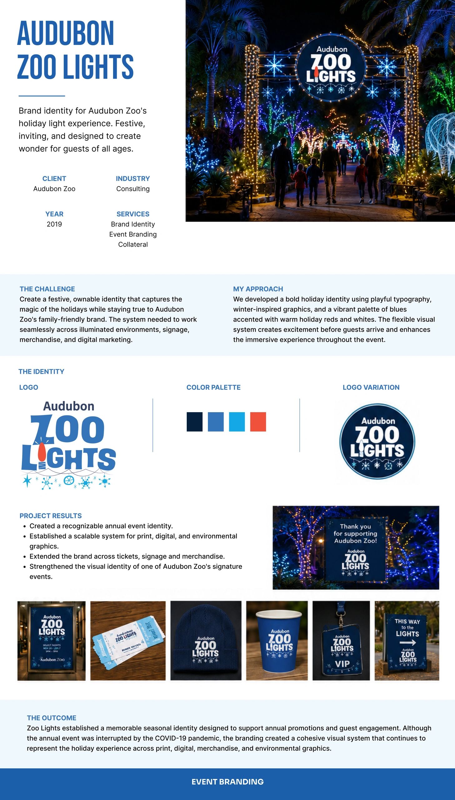 Brand identity for Audubon Zoo's festive holiday light event with vibrant colors and playful typography.