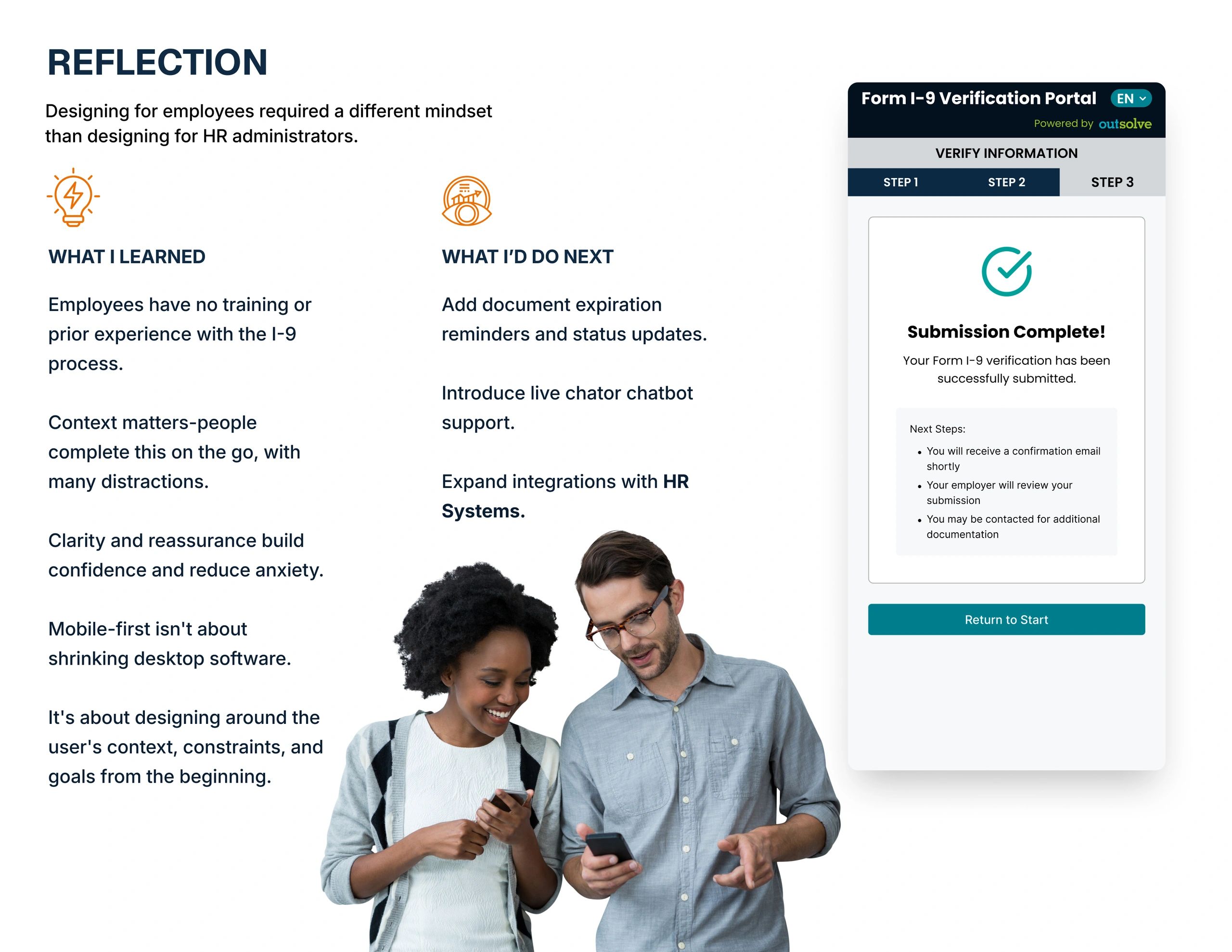 Reflection on designing for employees vs HR administrators for I-9 process.