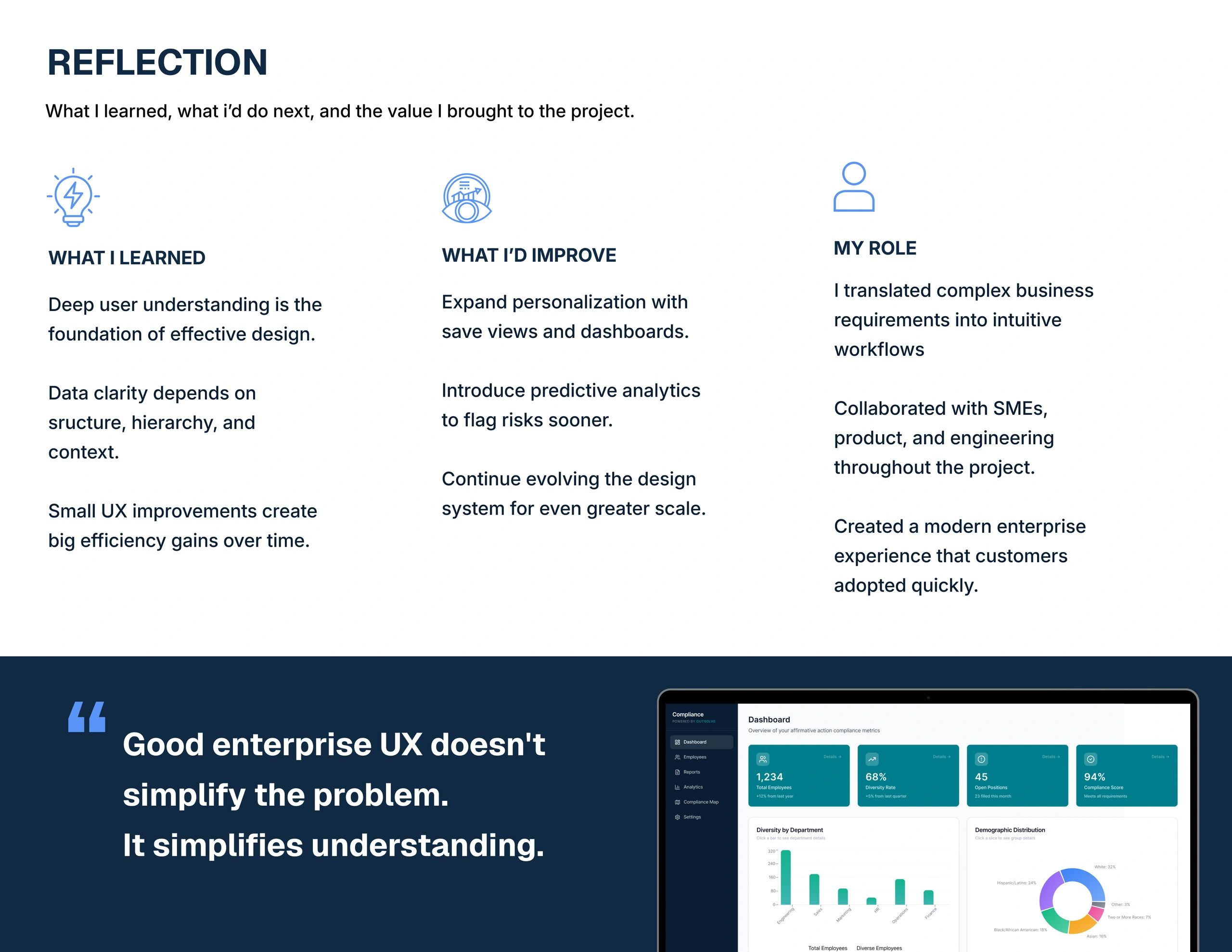 Reflection on UX design learnings, improvements, and role in project.