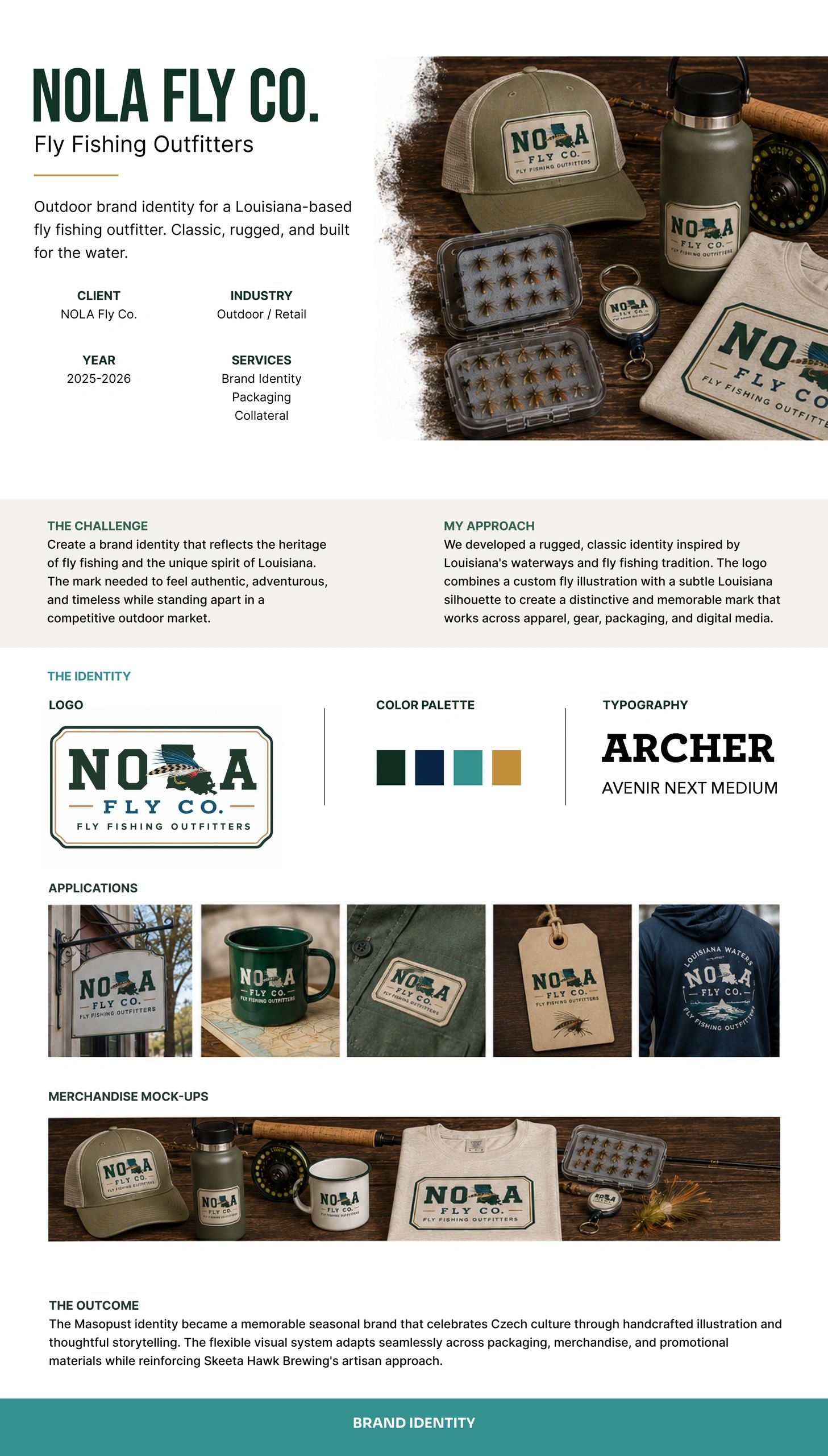 Brand identity and merchandise for NOLA Fly Co., a Louisiana-based fly fishing outfitter.