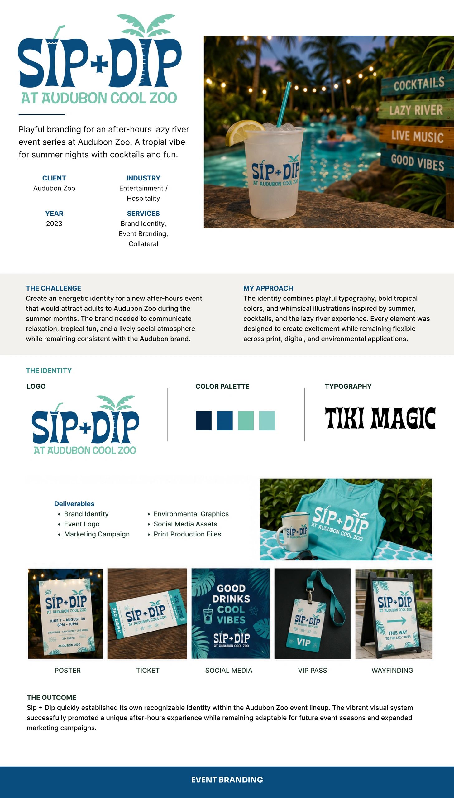 Branding for Sip + Dip event at Audubon Zoo with tropical, playful design.