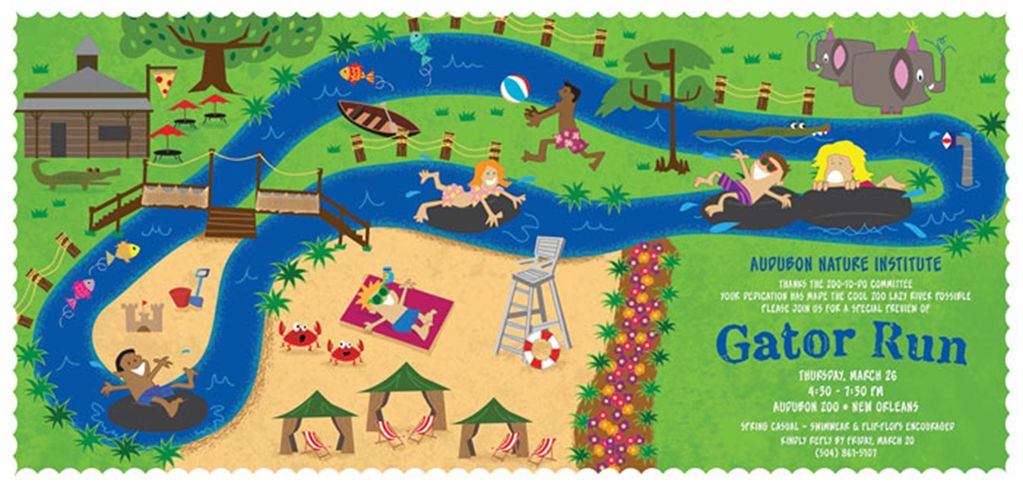 Illustrated map of a lazy river event with swimmers and wildlife.